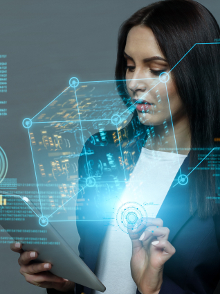 young business lady using tablet and virtual holograms with digital data 