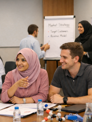 group of people sitting around a table in a workshop format