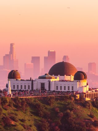 Aerial shot of Griffith Observatory in Los Angeles at sunset