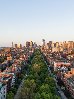 Aerial shot of the Commonwealth Avenue Mall in Boston, Mass