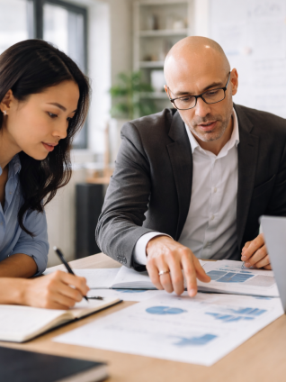 Three professionals collaborate in a small group, reviewing data and discussing insights around a table with a laptop and documents.