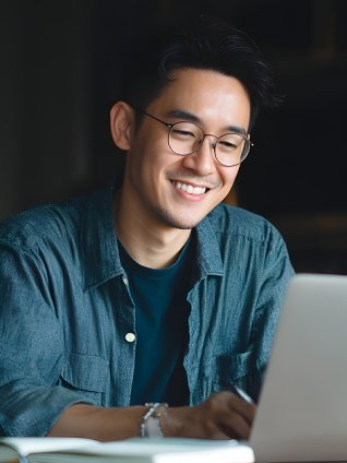 Man in his thirties watching a webinar on his home laptop. He is wearing glasses and smiling with interest