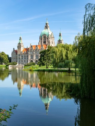 The New Town Hall (Neues Rathaus) in Hanover, Germany, reflecting in the Maschpark pond