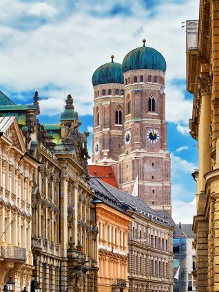 The distinctive twin onion domes of the Frauenkirche (Cathedral of Our Dear Lady) in Munich, Germany.