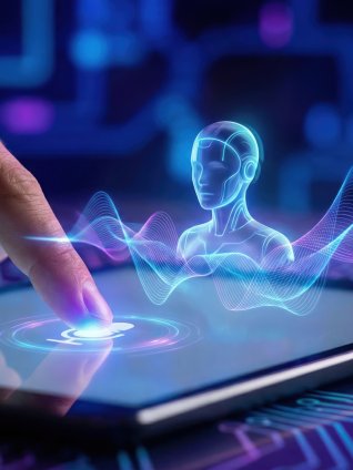 Futuristic AI voice support service concept with hand interacting on tablet display