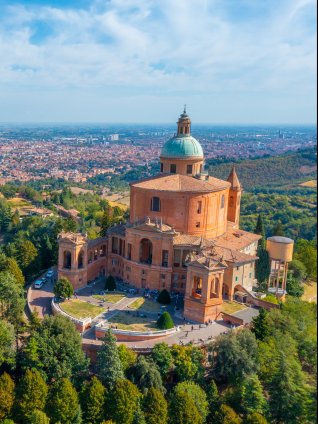 Aerial view of Bologna, showing the Sanctuary of San Luca and the view over the city