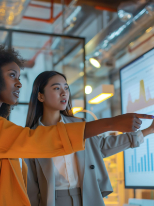 Two female students pointing at a screen with financial graphs and charts