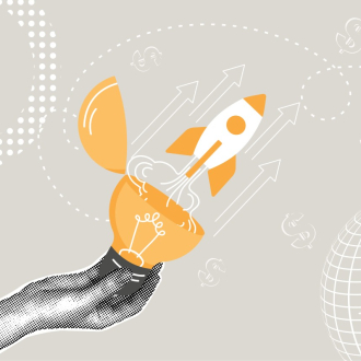Illustration of a hand holding an open lightbulb, from which a rocket is launching. The background features upward arrows, dollar signs, and a wireframe globe, symbolizing innovation, business growth, and financial success.