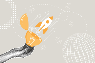 Illustration of a hand holding an open lightbulb, from which a rocket is launching. The background features upward arrows, dollar signs, and a wireframe globe, symbolizing innovation, business growth, and financial success.