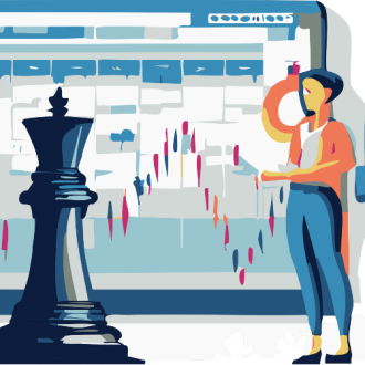 Illustration of people and data near a chess piece