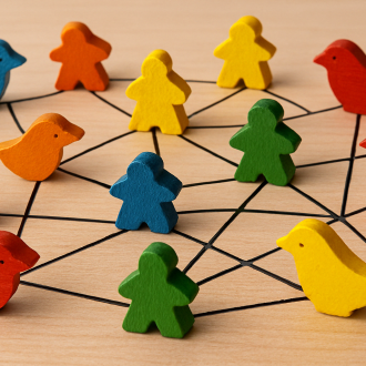 A photograph captures a vibrant network of multicolored wooden birds and meeples, connected by crisp white lines against a neutral beige background. 