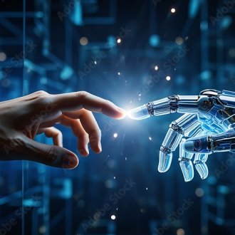Human hand touches robot hand with glowing contact point.