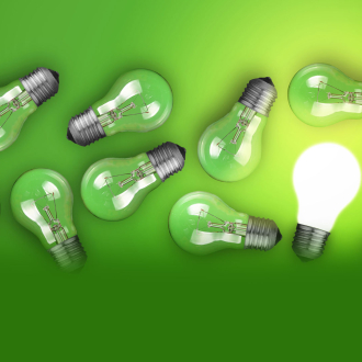 Light bulbs on green background 