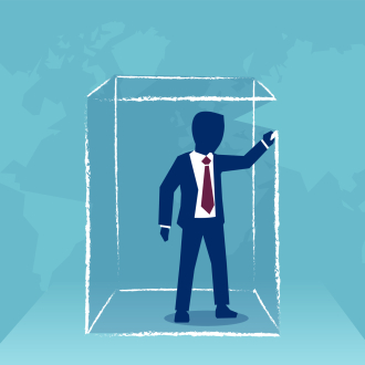 Concept vector illustration of man drawing box around himself creating limits and borders