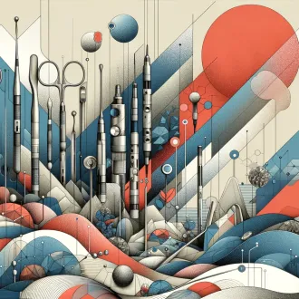 Abstract landscape header image with precision-drawn medical instruments, in ESMT's color palette, symbolizing MedTech innovation