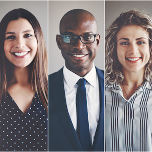a mixed-gender collage of seven business people 