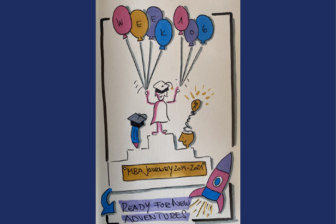Sketch of a woman standing on a podium at graduation holding balloons