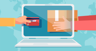 arms reaching into laptop screen with credit card and shopping bag 
