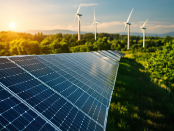 landscape showcasing solar panels and wind turbines under a vibrant sunset, symbolizing renewable energy and sustainability