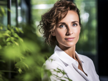 Woman next to a green background