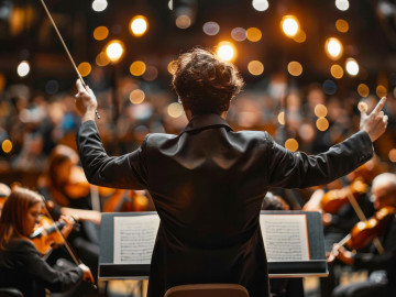 A music conductor leading an orchestra