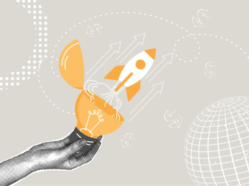Illustration of a hand holding an open lightbulb, from which a rocket is launching. The background features upward arrows, dollar signs, and a wireframe globe, symbolizing innovation, business growth, and financial success.