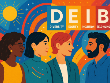 Illustration showing four diverse people smiling against a vibrant, colorful background with the words “Diversity, Equity, Inclusion, Belonging” prominently displayed.