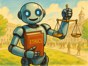 Robotic scholar poses on campus with ethics book in one hand and scales of justice in the other