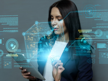 young business lady using tablet and virtual holograms with digital data 
