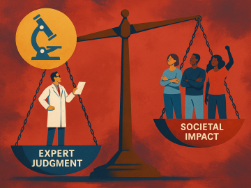 A balance scale showing "Expert Judgment" on the left side with a scientist in a lab coat under a microscope symbol, and "Societal Impact" on the right with three diverse people, one raising a fist. The illustration symbolizes the balance between scientific expertise and community perspectives.