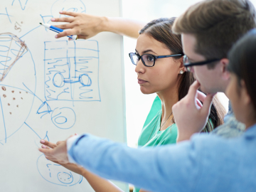 Whiteboard, teamwork and business people in meeting for presentation, discussion and ideas for project