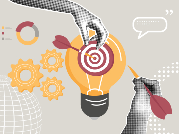 Abstract illustration of hands aiming darts at a lightbulb target, surrounded by gears and data symbols, symbolizing innovation, strategy, and collaboration.
