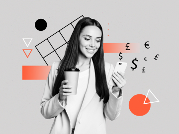 Black-and-white photo of a smiling woman holding a coffee cup and a smartphone, overlaid with colorful abstract shapes and currency symbols like the dollar, euro, and pound, symbolizing mobile financial technology and global payments.