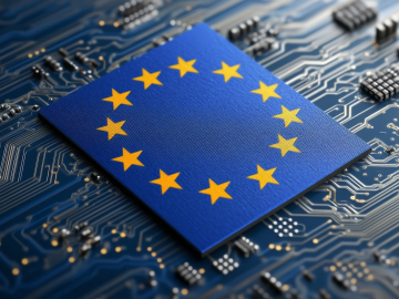 European Union flag depicted on a computer chip, symbolizing EU digital sovereignty and technological innovation