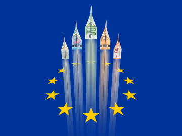 Euro banknotes shaped like rockets launch upward through a circle of yellow EU stars on a blue background, symbolizing economic growth and innovation in Europe.