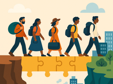 Illustration of a diverse group of people carrying backpacks and luggage as they walk across a puzzle-piece bridge from a barren cliffside to a modern city with factories and greenery, symbolizing migration and economic opportunity.