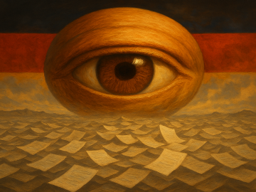 A digital painting of a large human eye with a brown iris hovering in the sky, gazing down on a mountainous landscape made of paper documents. The German flag appears in the background.