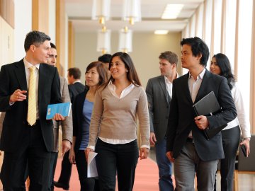 mba students talking while walking