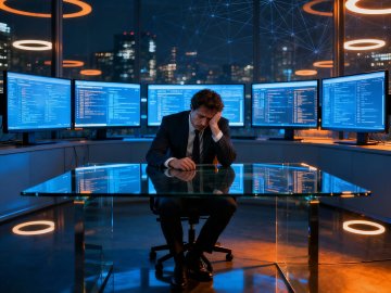 A business professional sits alone at a glass desk surrounded by glowing data screens in a dark office, symbolizing entrapment in expertise and the tension between control and freedom.