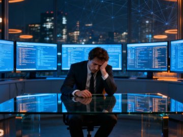 A business professional sits alone at a glass desk surrounded by glowing data screens in a dark office, symbolizing entrapment in expertise and the tension between control and freedom.