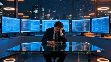 A business professional sits alone at a glass desk surrounded by glowing data screens in a dark office, symbolizing entrapment in expertise and the tension between control and freedom.