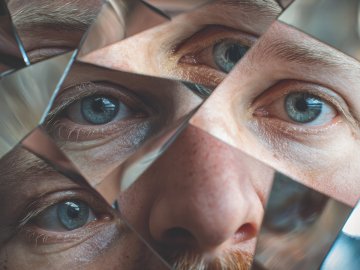 A close-up, fragmented view of a person's face reflected in several jagged shards of a broken mirror, focusing on multiple blue eyes and a nose.