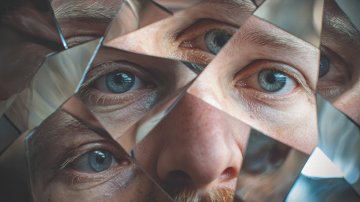 A close-up, fragmented view of a person's face reflected in several jagged shards of a broken mirror, focusing on multiple blue eyes and a nose.