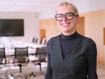 ESMT Berlin Executive MBA Program Director Rebecca Loades smiling mid interview