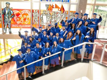 The ESMT Full-time MBA graduating class of 2026 in their blue graduation gowns
