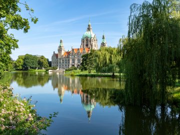 The New Town Hall (Neues Rathaus) in Hanover, Germany, reflecting in the Maschpark pond
