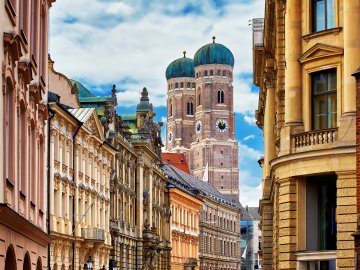 The distinctive twin onion domes of the Frauenkirche (Cathedral of Our Dear Lady) in Munich, Germany.