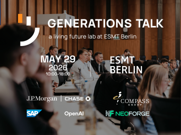 Promo image for the ESMT Berlin Generations Talk event, showing the event name and sponsors