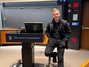 ESMT Master in Global Management student Lukas Hafner in a lecture hall his double degree with Yale SOM