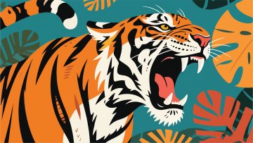 Illustration of a roaring orange-and-black tiger surrounded by colorful tropical leaves on a teal background.
